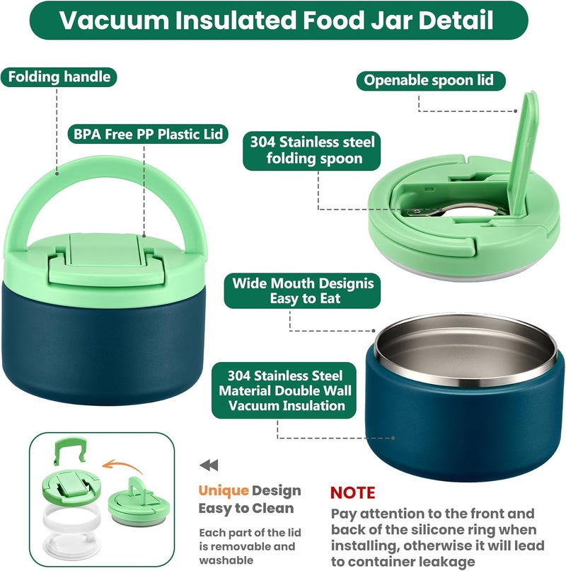 BABHAMNESS Bento Lunch Box with 8oz Soup Thermo,Kids Leakproof 4 Compartment Lunch Food Containers with Sauce Cup and Ice Pack,Kids Thermo Insulated Hot Food Jar and Lunch Bag for School,Trvael-Green - Image 5